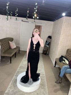 La Femme Black Size 00 Prom Sheer Side slit Dress on Queenly