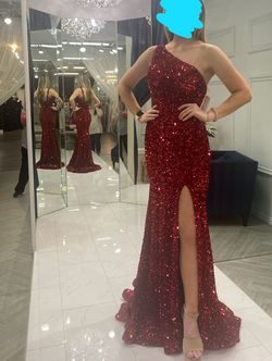 Sherri Hill Red Size 4 Sequined One Shoulder Burgundy Side slit Dress on Queenly