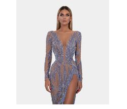 Albina Dyla Light Blue Size 6 Plunge Long Sleeve Side slit Dress on Queenly