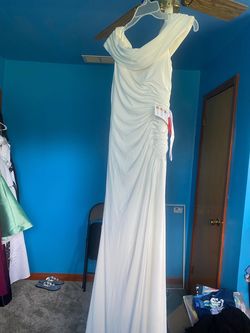 Mac Duggal White Size 2 Floor Length Jersey Side Slit A-line Dress on Queenly