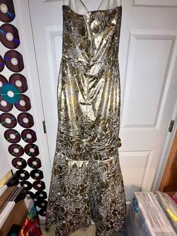 Bernshaw Gold Size 10 Tall Height Jersey Pattern Shiny Strapless Mermaid Dress on Queenly