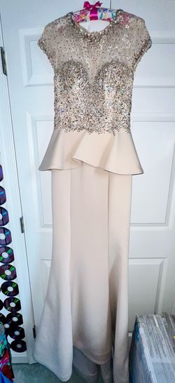 Style 20418 Tony Bowls Nude Size 4 Floor Length Jersey Tall Height Beaded Top Mermaid Dress on Queenly