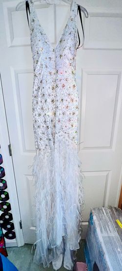 Prima Donna Collection White Size 2 Feather Prom Tall Height Side slit Dress on Queenly