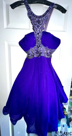 Style 16-335 Madison James Purple Size 4 High Neck Appearance Cocktail Dress on Queenly