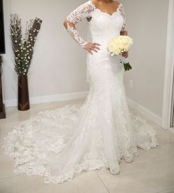 Maggie Sottero White Size 10 Long Sleeve Tall Height Jersey Lace Mermaid Dress on Queenly