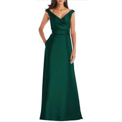 Style D811 Alfred Sung Green Size 8 Satin Pockets Polyester A-line Dress on Queenly