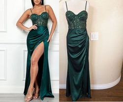 Style Emerald Green Sequin Corset Satin Dress Maniju Green Size 4 Floor Length Plunge Black Tie Wedding Guest Side slit Dress on Queenly
