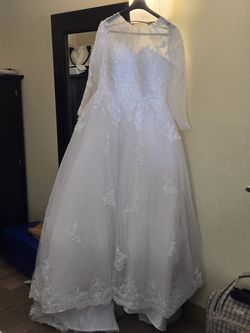 Badgley Mischka White Size 16 Embroidery Sleeves Wedding Lace Free Shipping Train Dress on Queenly
