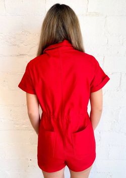 Style 1-2152180321-74 day + moon Red Size 4 Spandex Pockets Mini Jumpsuit Dress on Queenly
