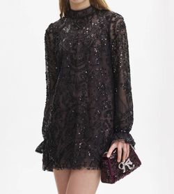 Style 1-2454643597-1901 self-portrait Black Size 6 Long Sleeve Sequined Mini Cocktail Dress on Queenly