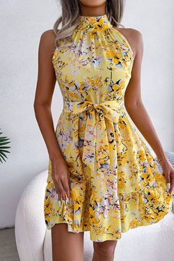 Style 1-2527425031-149 FAIRE Yellow Size 12 Print Halter Cocktail Dress on Queenly
