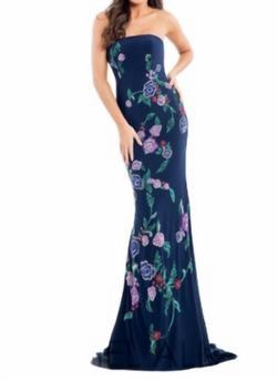 Style 1-3506212220-1498 RACHEL ALLAN Blue Size 4 Jersey Strapless Sequined Straight Dress on Queenly