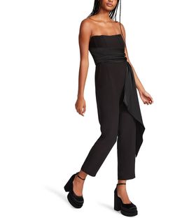 Style 1-4128648982-74 STEVE MADDEN Black Size 4 Tall Height Straight Belt Polyester Jumpsuit Dress on Queenly