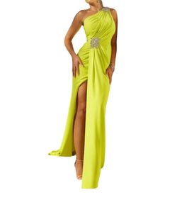 Style 1-1899138366-98 Terani Couture Green Size 10 One Shoulder Jewelled Side slit Dress on Queenly