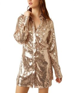 Style 1-2273227016-149 Free People Gold Size 12 Sequined Polyester High Neck Plus Size Cocktail Dress on Queenly