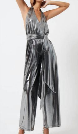 Style 1-2402667140-149 FRENCH CONNECTION Silver Size 12 Belt Flare Jumpsuit Dress on Queenly