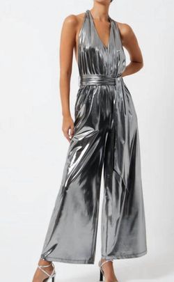 Style 1-2402667140-892 FRENCH CONNECTION Silver Size 8 V Neck Flare Jumpsuit Dress on Queenly