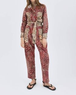 Style 1-3169494405-70 CHUFY Red Size 0 Print Sleeves Belt Pockets Jumpsuit Dress on Queenly