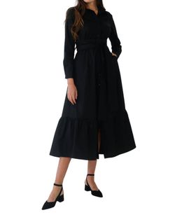 Style 1-3264779502-74 MONICA NERA Black Size 4 Belt Sleeves Side Slit Pockets Straight Dress on Queenly