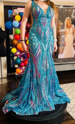 Style 22770 Jovani Blue Size 8 Prom Plunge Floor Length Mermaid Dress on Queenly