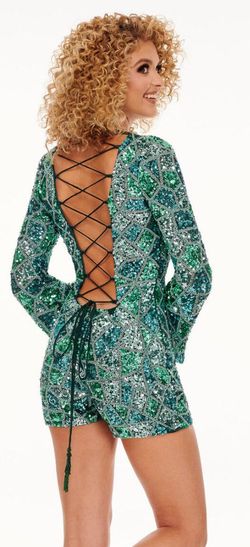 Style 70105 jade Rachel Allan Multicolor Size 4 Jersey Long Sleeve Mini Jumpsuit Dress on Queenly