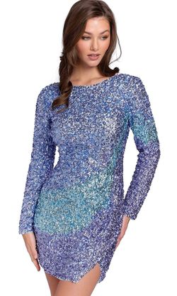 Style 3819 light blue Primavera Multicolor Size 8 Long Sleeve Jersey Mini Cocktail Dress on Queenly