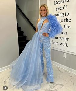 Ava Presley Blue Size 14 Floor Length Jersey One Shoulder Jumpsuit Dress on Queenly