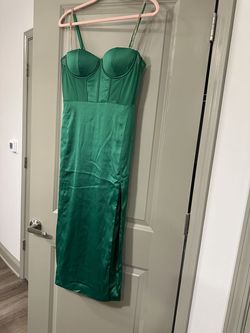 Meshki Green Size 10 Prom Wedding Guest Sheer Side slit Dress on Queenly