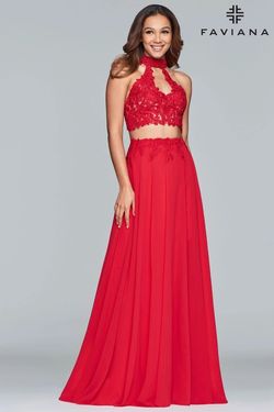 Style 10220 Faviana Red Size 2 Floor Length 10220 Side Slit Sweetheart A-line Dress on Queenly