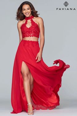 Style 10220 Faviana Red Size 2 Floor Length 10220 Side Slit Sweetheart A-line Dress on Queenly
