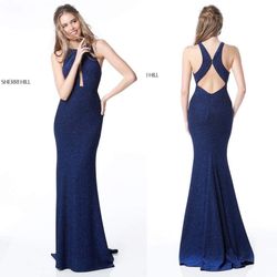 Style 51527 Sherri Hill Blue Size 4 High Neck Halter Backless A-line Dress on Queenly