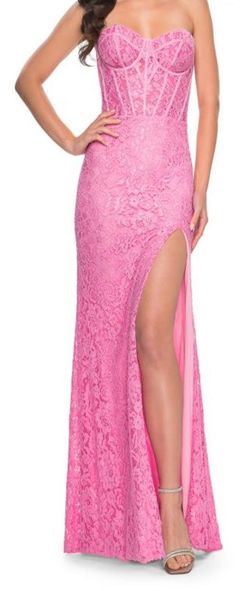 Style 32298 La Femme Pink Size 6 Strapless Lace Side slit Dress on Queenly