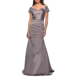 Style 25996 La Femme Silver Size 12 Plus Size Satin Polyester A-line Dress on Queenly