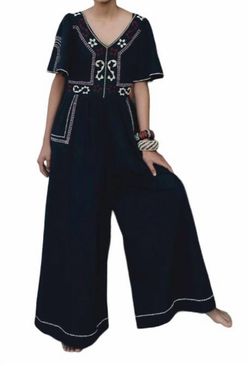 Style 1-3939330883-70 CAROLINA K Black Size 0 Tall Height Straight Embroidery Jumpsuit Dress on Queenly