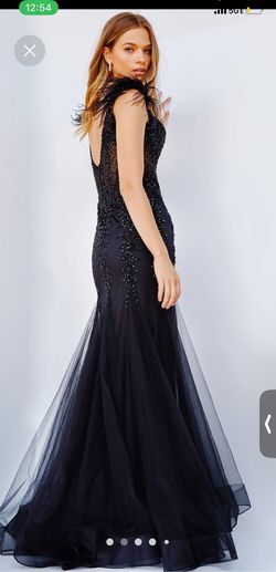 Jovani Black Size 4 Feather Bridesmaid Side slit Dress on Queenly