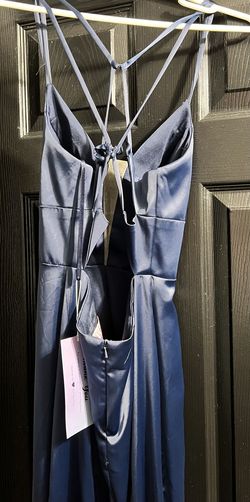Promgirl Blue Size 6 Satin Black Tie Floor Length Side slit Dress on Queenly