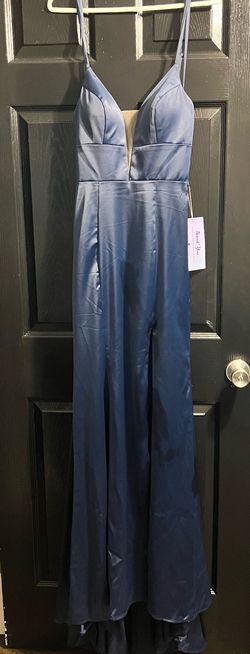 Promgirl Blue Size 6 Tall Height Plunge Sheer Side slit Dress on Queenly