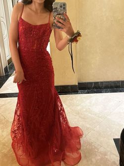 Style 54275 Sherri Hill Red Size 0 Floor Length Jersey Plunge Mermaid Dress on Queenly
