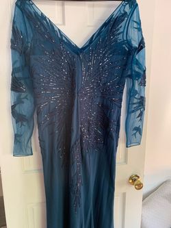 Alexander by Daymare Blue Size 14 Sequin Sleeves Floor Length Sequined Train Dress on Queenly