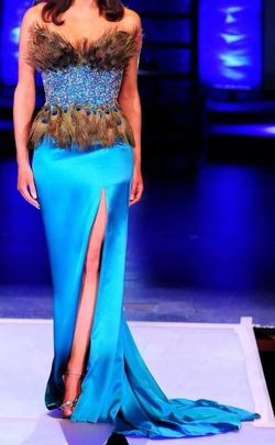 Jovani Blue Size 6 Jewelled Floor Length Satin Mermaid Dress on Queenly