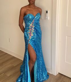 Style 2396 Clarisse Blue Size 6 Strapless Side slit Dress on Queenly