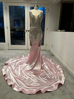 Custom Pink Size 16 Jersey Sheer Short Height Mermaid Dress on Queenly