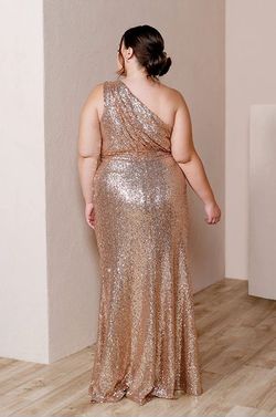 Style 2436-R (Starla in Rose Gold) Revelry Gold Size 12 Floor Length Shiny Jersey Straight Dress on Queenly