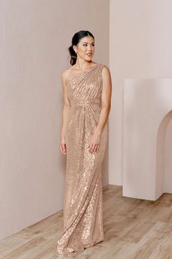 Style 2436-R (Starla in Rose Gold) Revelry Gold Size 12 Shiny One Shoulder Straight Dress on Queenly