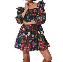 Style 1-642702856-892 Cleobella Black Size 8 Pockets Floral Ruffles Mini Cocktail Dress on Queenly