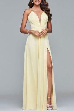 Style 7747 Faviana Yellow Size 10 Floor Length V Neck Side Slit 7747 A-line Dress on Queenly
