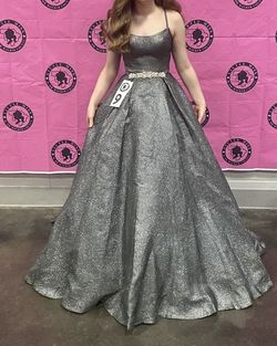 Style 19-111 Madison James Silver Size 2 Belt Pageant Floor Length Jersey Ball gown on Queenly