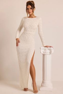 Style 6792 Oh Polly White Size 4 Sleeves Engagement Military Floor Length Straight Dress on Queenly