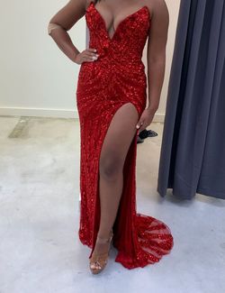Style 11236 Ashley Lauren Red Size 6 Pageant Floor Length Jersey Side slit Dress on Queenly