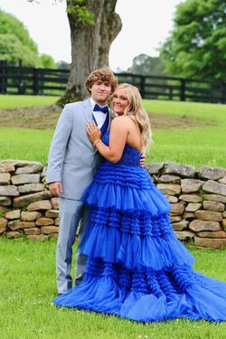 Style 56206 Sherri Hill Blue Size 16 Pageant Prom Halter Lace Ball gown on Queenly